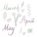 Spring watercolor Set lettering illustration icons leaves flowers March April May